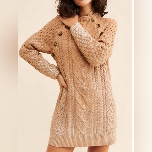 Anthropologie Pilcro Fisherman Tunic Sweater Dress Large Tan & Gold Chunky Knit - Picture 2 of 14